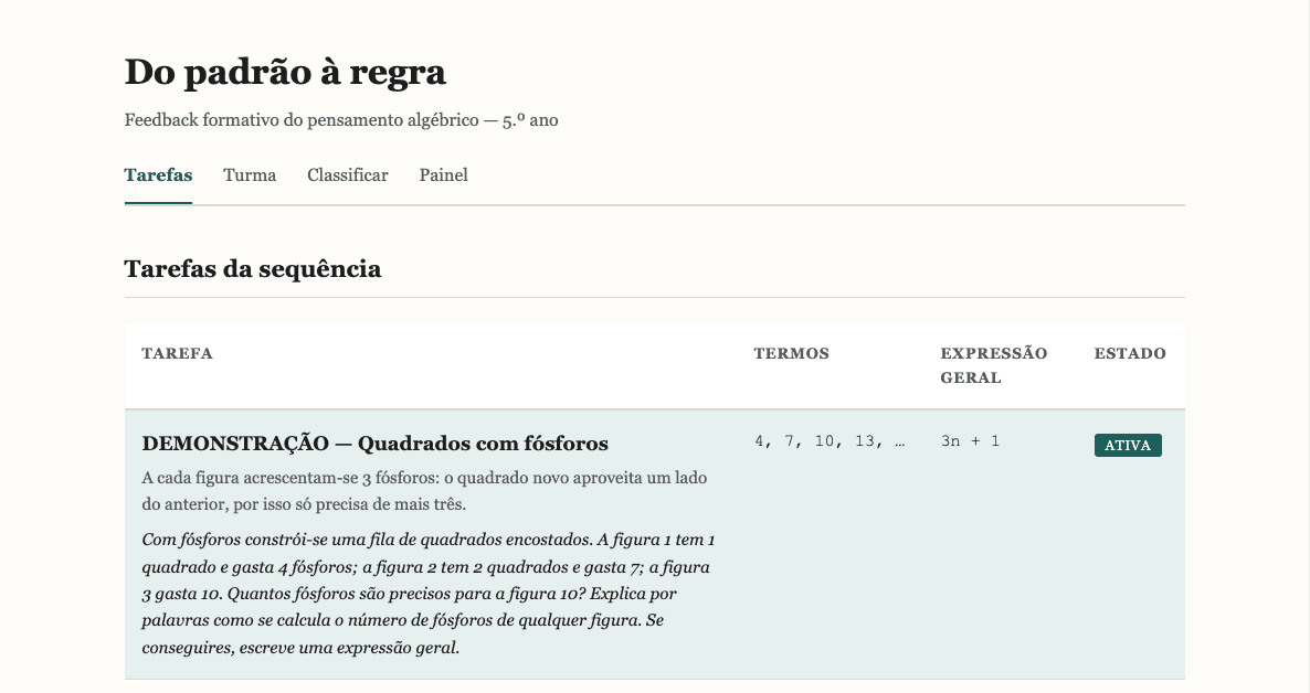 Ecrã da aplicação «Do padrão à regra», criada pela Ema durante o curso: um cabeçalho com as secções Tarefas, Turma, Classificar e Painel, e uma tabela de tarefas com a sequência 4, 7, 10, 13 e a expressão geral 3n + 1.